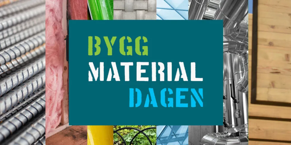 Bildcollage med olika byggmaterial som armeringsjärn, isolering, ventilationsrör och träpanel, med texten "Byggmaterialdagen" i mitten.